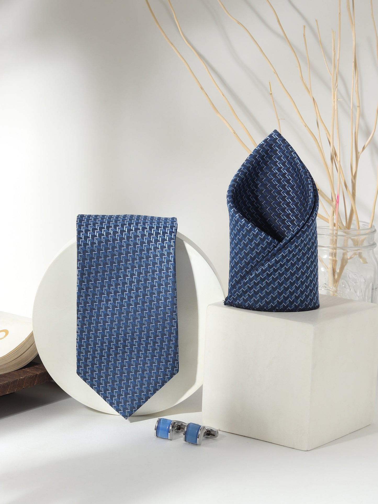 Kanthlangot Men’s 3-Piece Blue Zigzag Tie Set with Pocket Square & Sky Cufflinks (3-Inch Necktie)