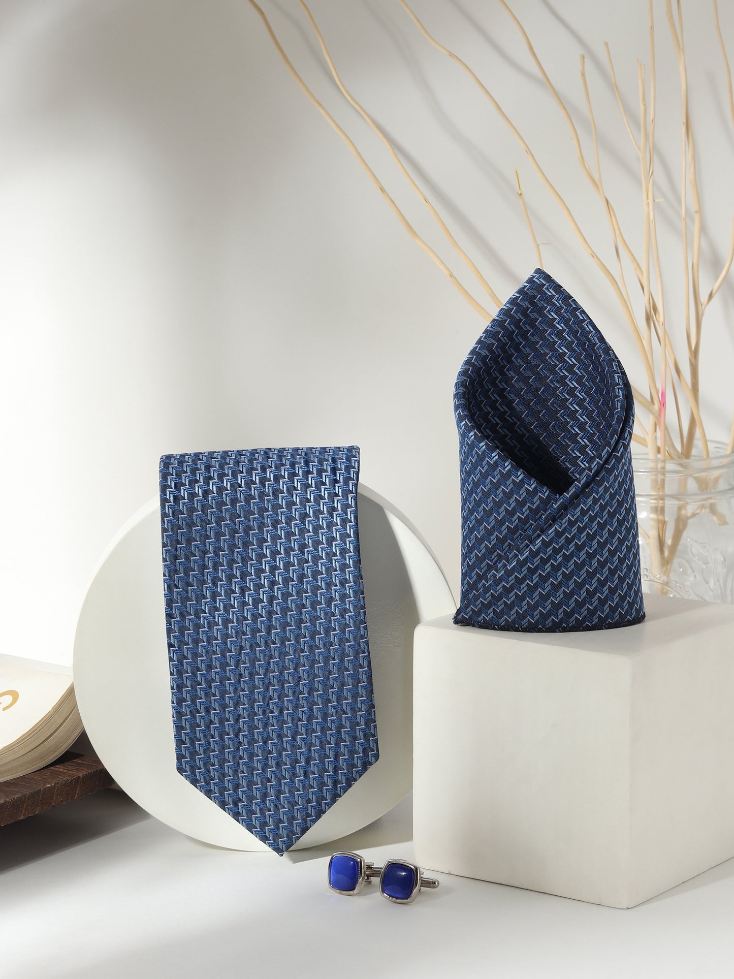 Kanthlangot Men’s 3-Piece Navy Chevron Tie Set with Pocket Square & Royal Blue Cushion Cufflinks (3-Inch Necktie)