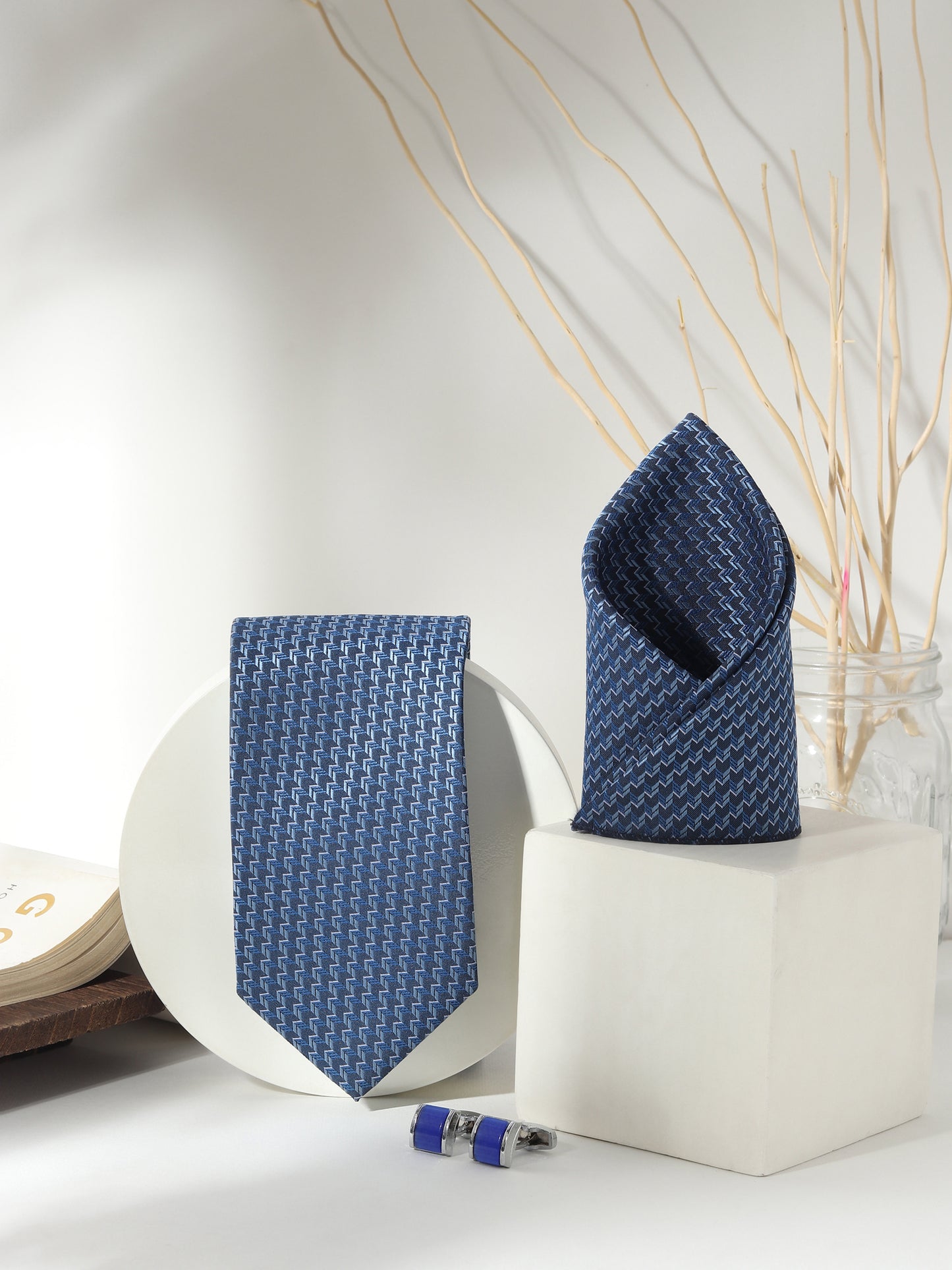 Kanthlangot Men’s 3-Piece Navy Zigzag Tie Set with Pocket Square & Royal Blue Barrel Cufflinks (3-Inch Necktie)