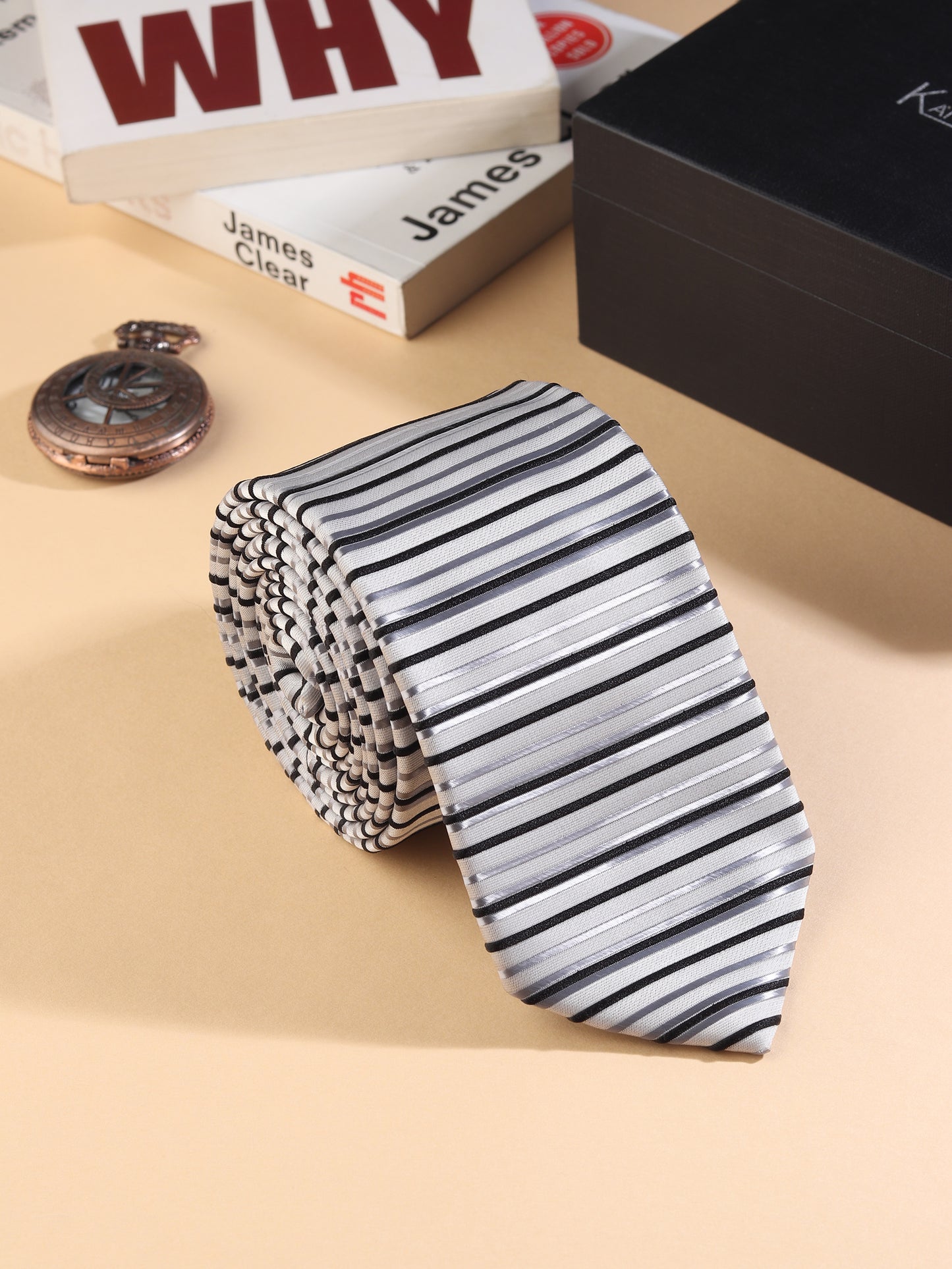 Kanthlangot Men’s Necktie – White with Black & Grey Stripes