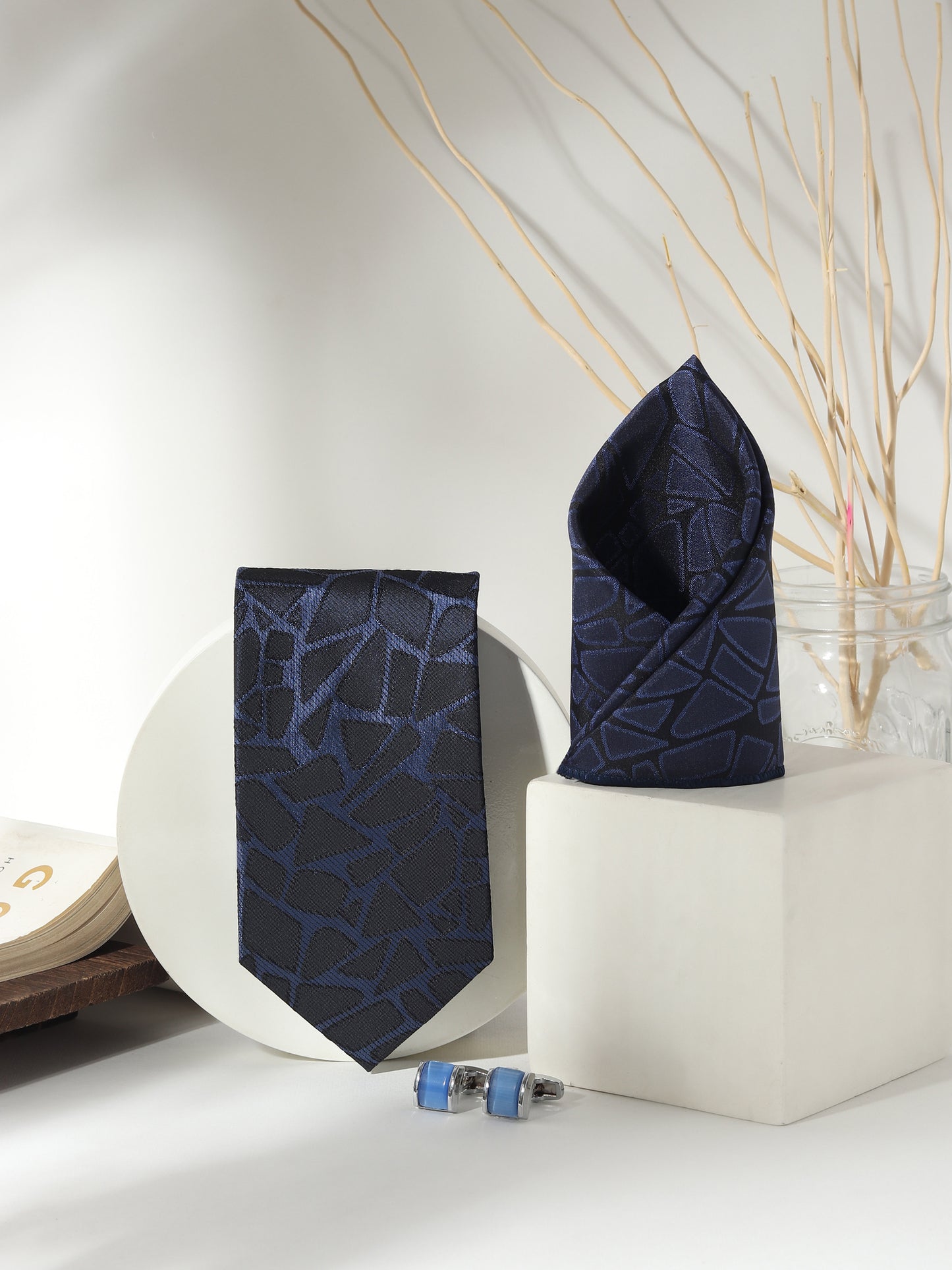 Kanthlangot maze-texture tie set with pocket square & crystal pyramid cufflinks. Sharp, structured set for standout formal style.