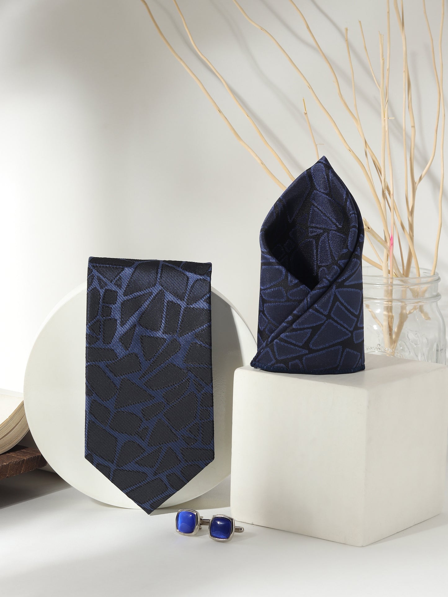 Kanthlangot Men’s 3-Piece Formal Set – Navy Abstract Tie, Pocket Square & Cobalt Blue Cufflinks (3-Inch Necktie)
