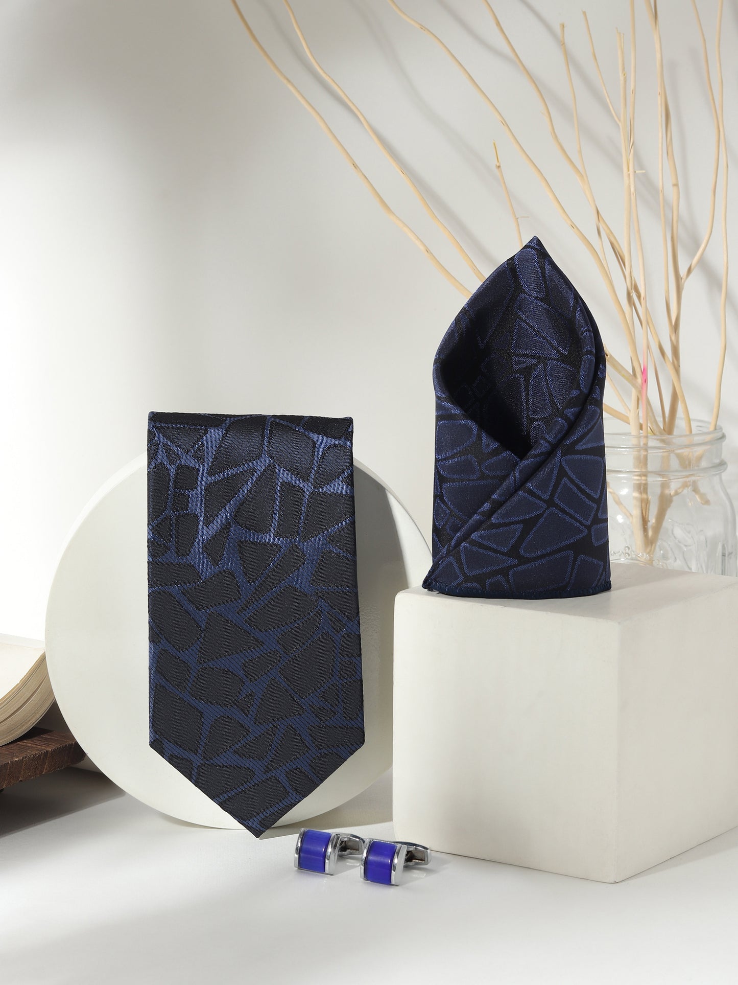 Kanthlangot Men’s 3-Piece Formal Set – Navy Abstract Tie, Pocket Square & Royal Blue Cufflinks (3-Inch Necktie)