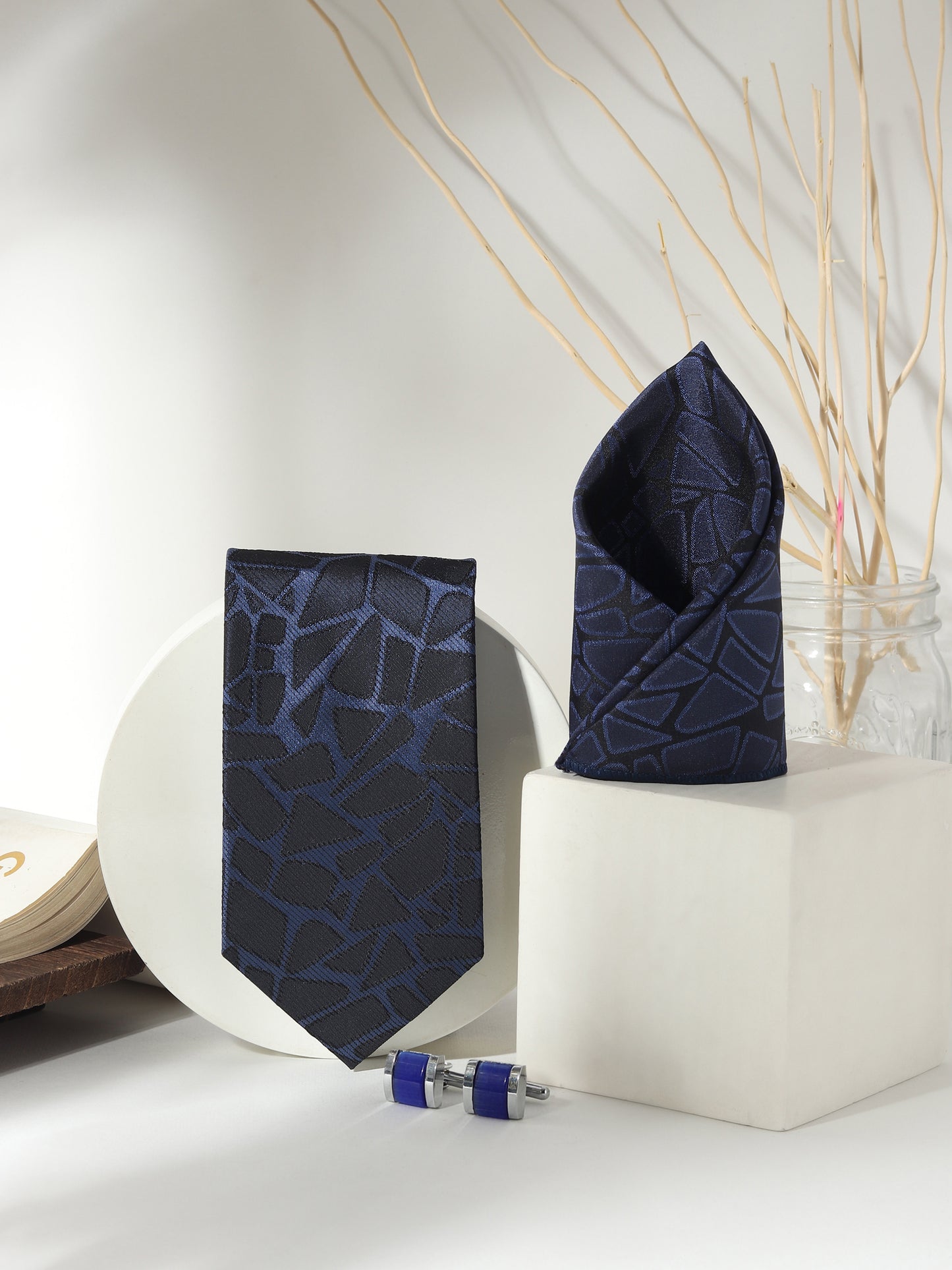 Kanthlangot Men’s 3-Piece Formal Set – Navy Abstract Tie, Pocket Square & Cobalt Blue Barrel Cufflinks (3-Inch Necktie)