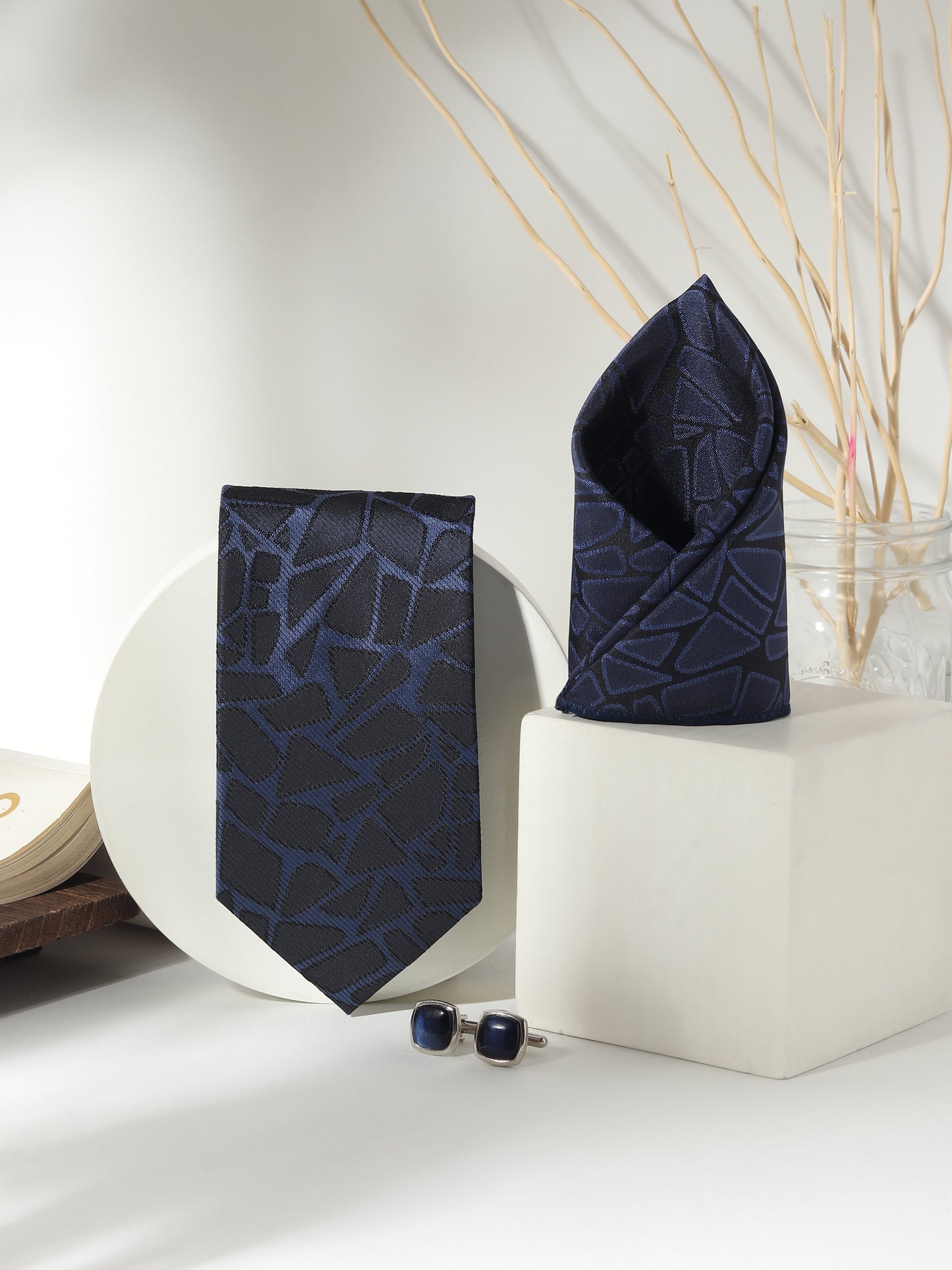 Kanthlangot Men’s 3-Piece Formal Set – Navy Abstract Tie, Pocket Square & Deep Navy Enamel Cufflinks (3-Inch Necktie)