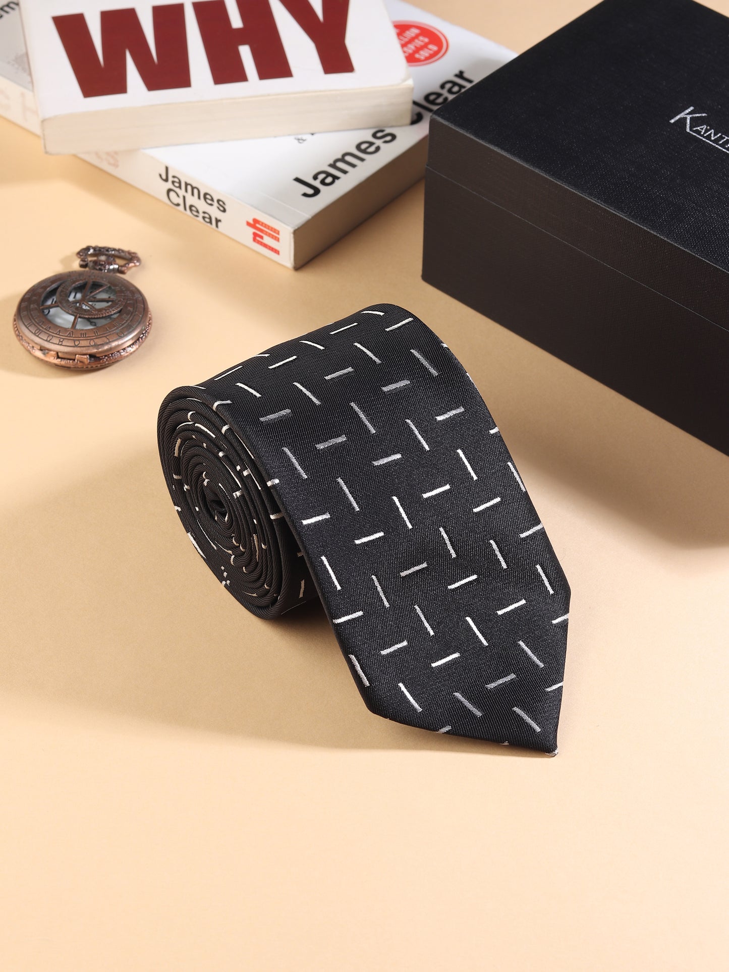 Kanthlangot Men’s Necktie – Classic Black with White Minimalist Pattern
