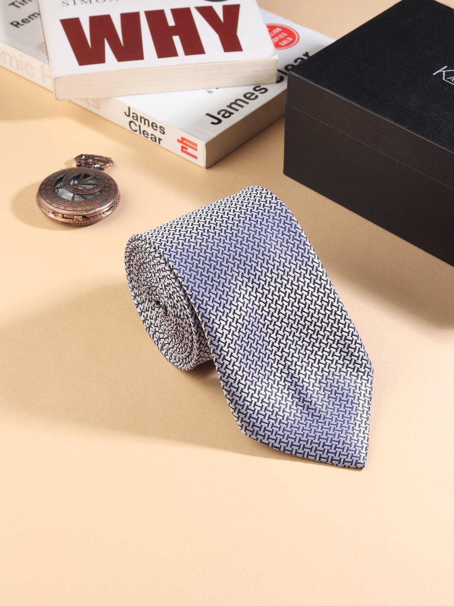 Kanthlangot Men’s Necktie – Classic Black & White Woven Geometric Tie