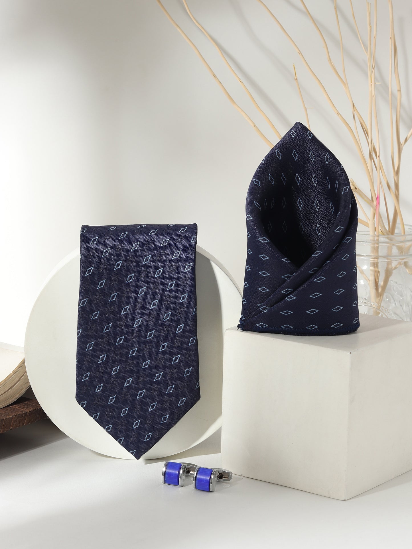 Kanthlangot Men’s 3-Piece Formal Set – Navy Diamond Tie, Pocket Square & Electric Blue Barrel Cufflinks (3-Inch Necktie)