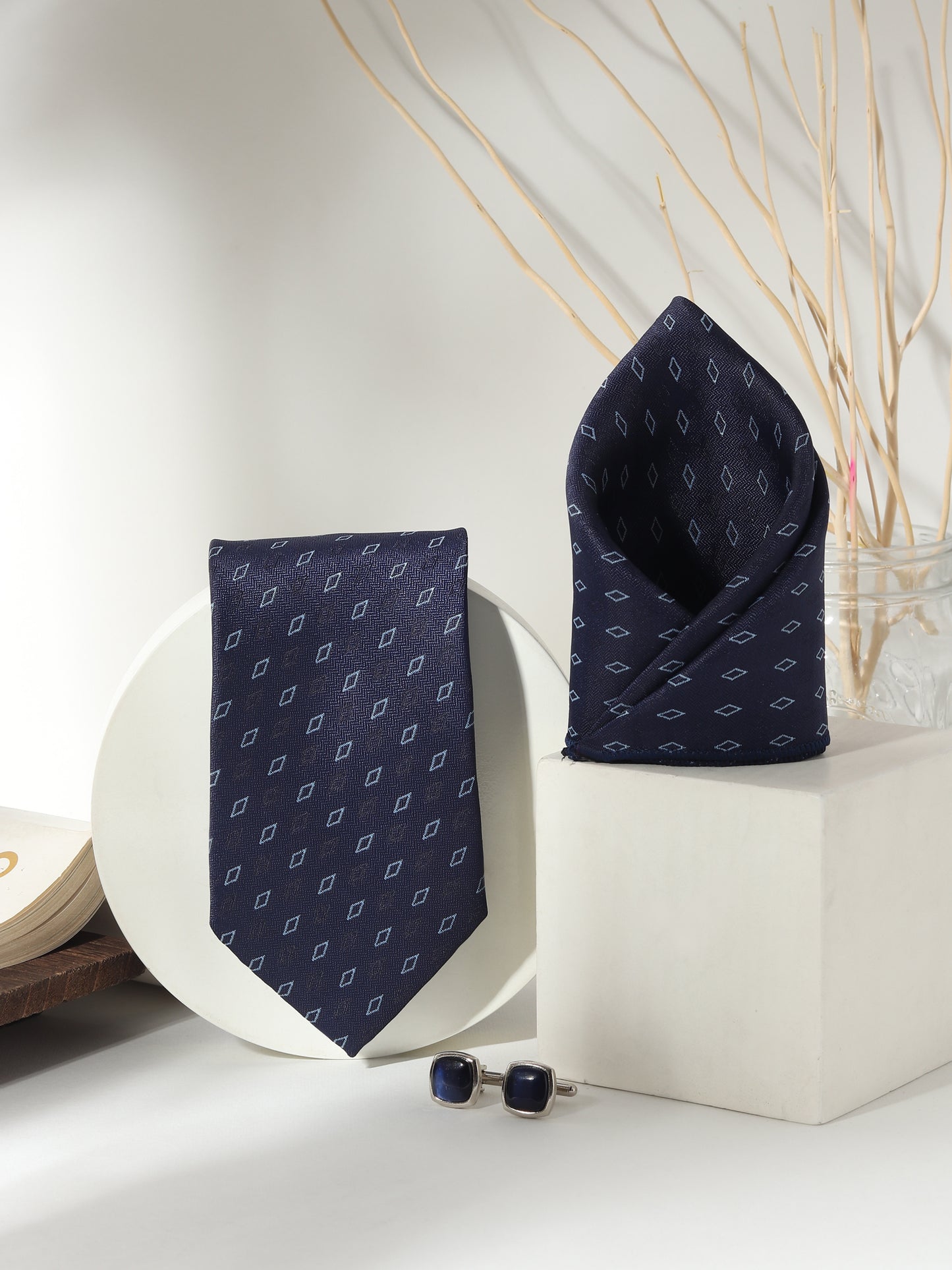 Kanthlangot Men’s 3-Piece Navy Diamond Tie Set with Pocket Square & Deep Navy Cufflinks (3-Inch Necktie)