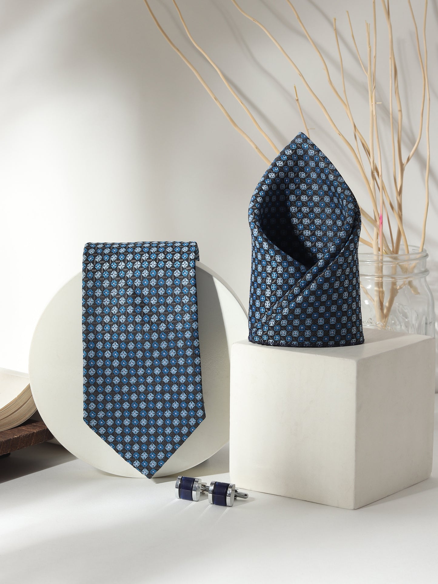 Kanthlangot Men’s 3-Piece Blue Mosaic Tie Set with Pocket Square & Deep Navy Cufflinks (3-Inch Necktie)