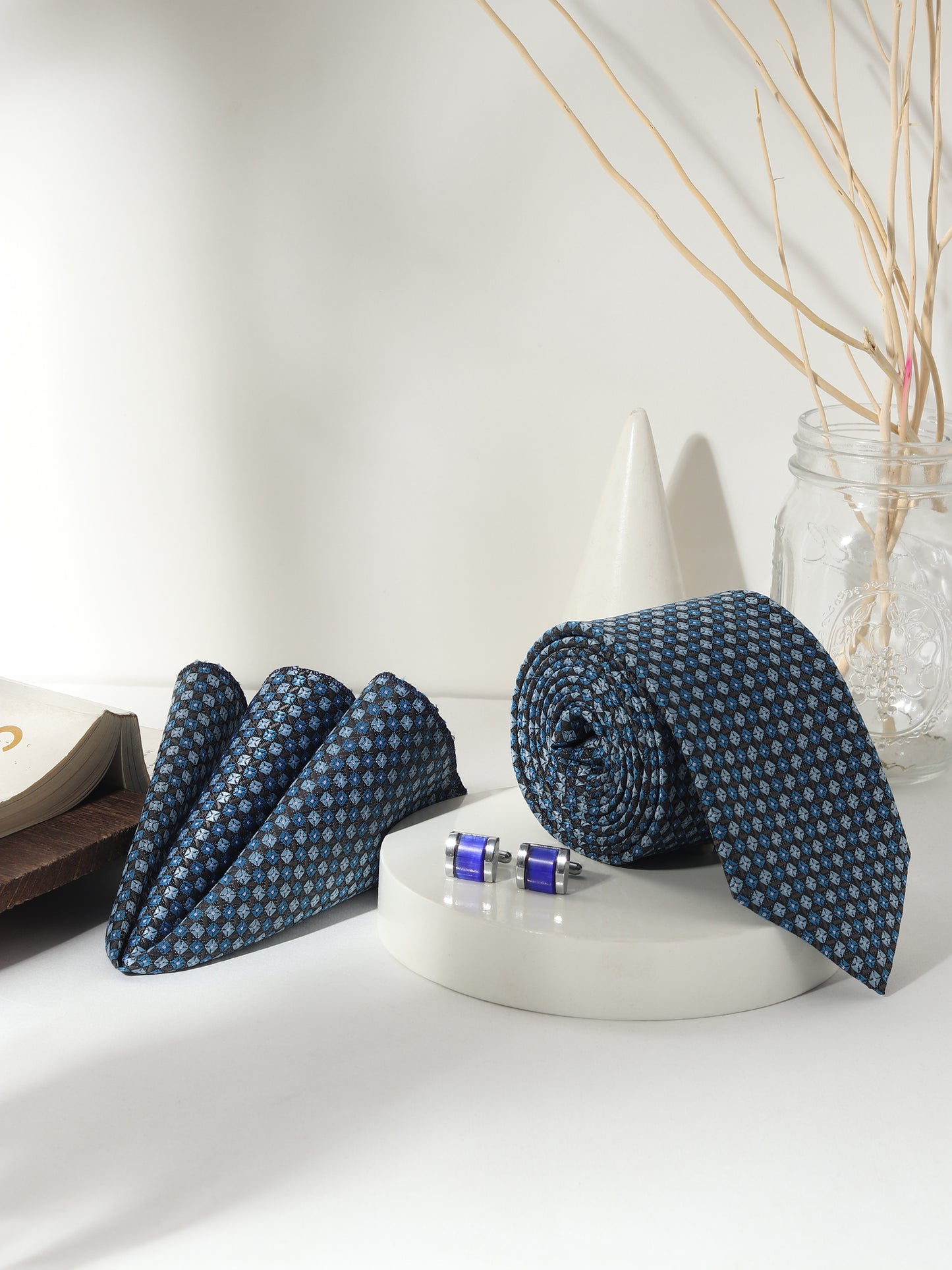 Kanthlangot Men’s 3-Piece Blue Micro Tile Tie Set with Pocket Square & Bold Violet Barrel Cufflinks (3-Inch Necktie)