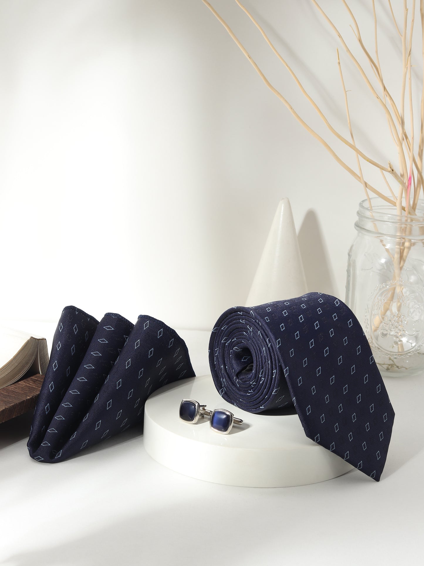 Kanthlangot Men’s 3-Piece Navy Diamond Tie Set with Pocket Square & Deep Navy Cufflinks (3-Inch Necktie)