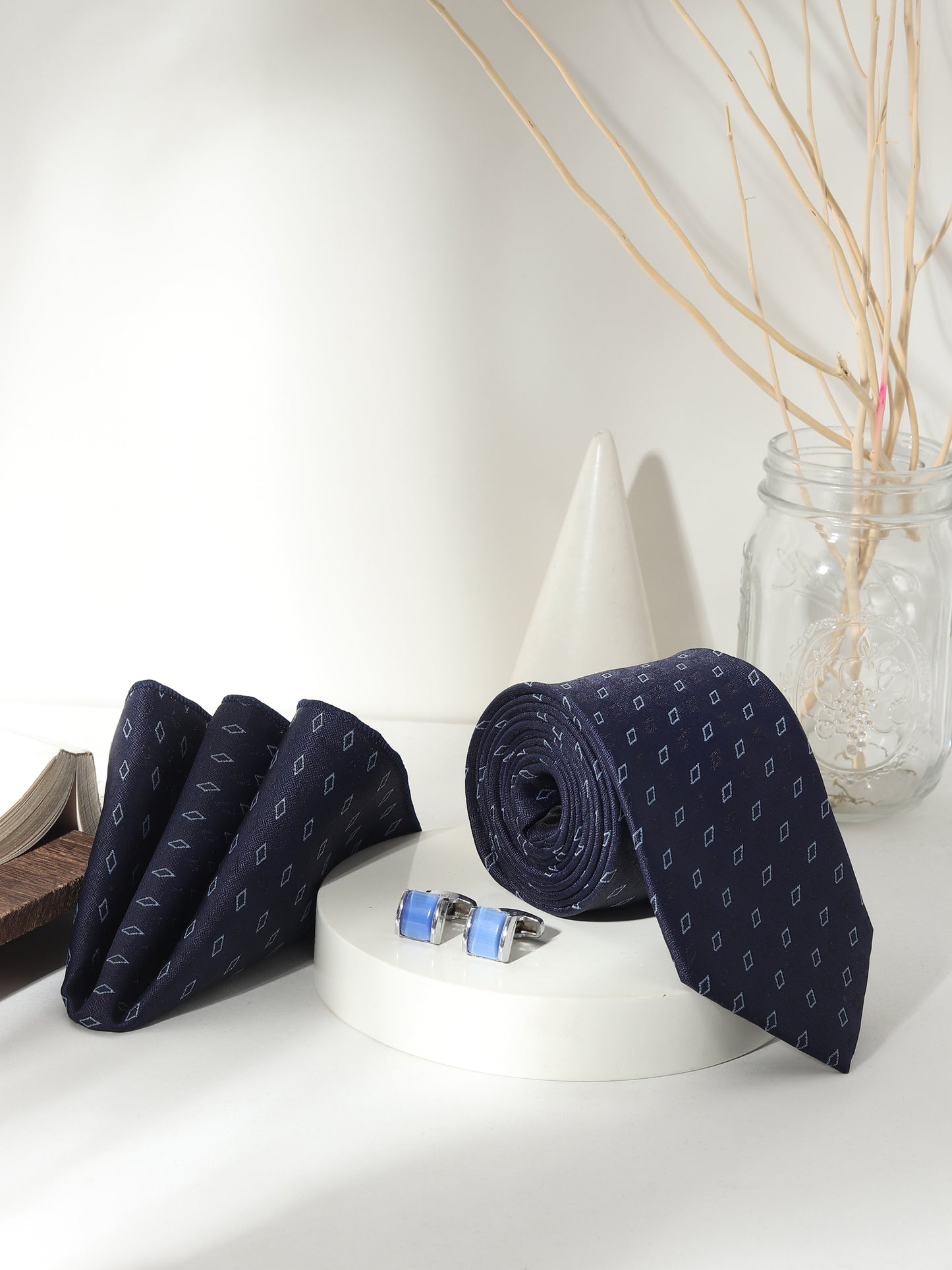 Kanthlangot Men’s 3-Piece Formal Set – Navy Micro-Diamond Tie, Pocket Square & Sky Blue Barrel Cufflinks (3-Inch Necktie)