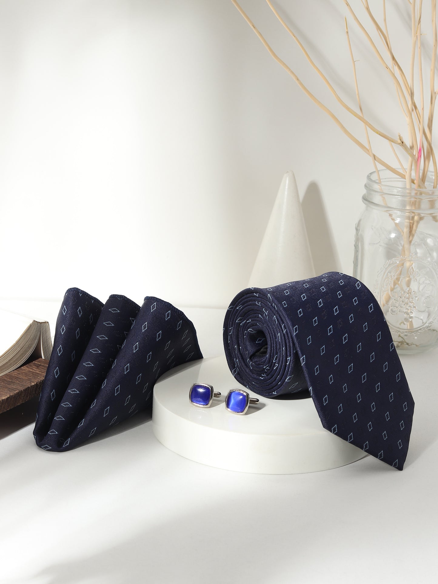 Kanthlangot Men’s 3-Piece Navy Diamond Tie Set with Pocket Square & Cobalt Blue Cufflinks (3-Inch Necktie)