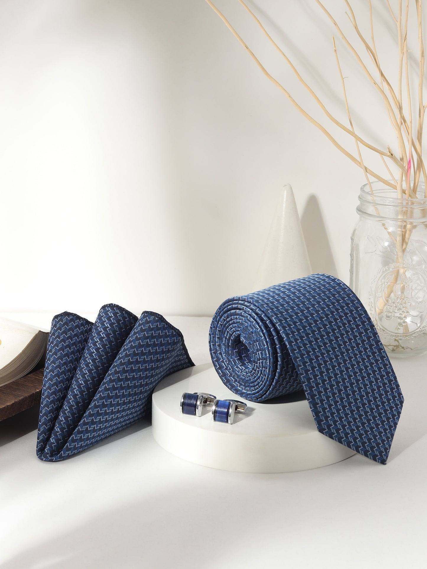 Kanthlangot Men’s 3-Piece Royal Blue Zigzag Tie Set with Pocket Square & Glossy Navy Barrel Cufflinks (3-Inch Necktie)