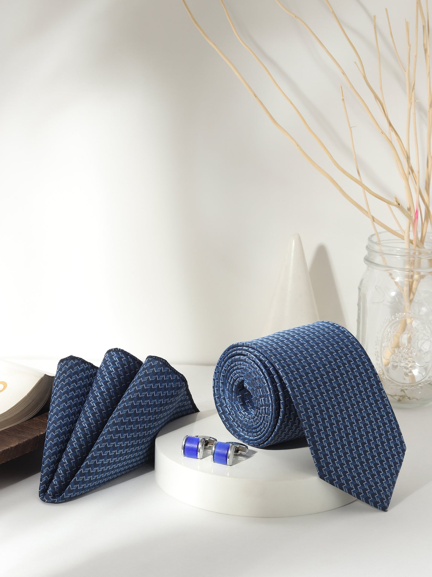 Kanthlangot Men’s 3-Piece Navy Zigzag Tie Set with Pocket Square & Royal Blue Barrel Cufflinks (3-Inch Necktie)