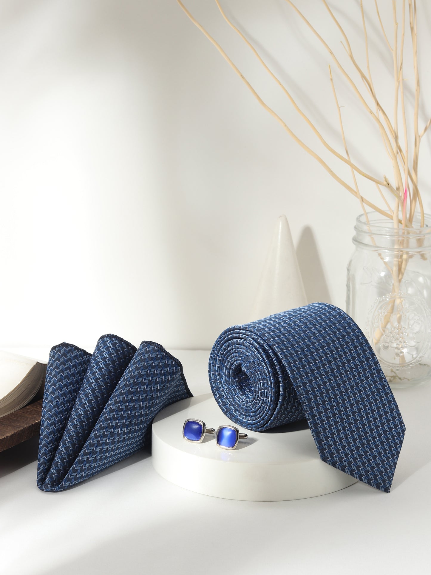 Kanthlangot Men’s 3-Piece Navy Chevron Tie Set with Pocket Square & Royal Blue Cushion Cufflinks (3-Inch Necktie)
