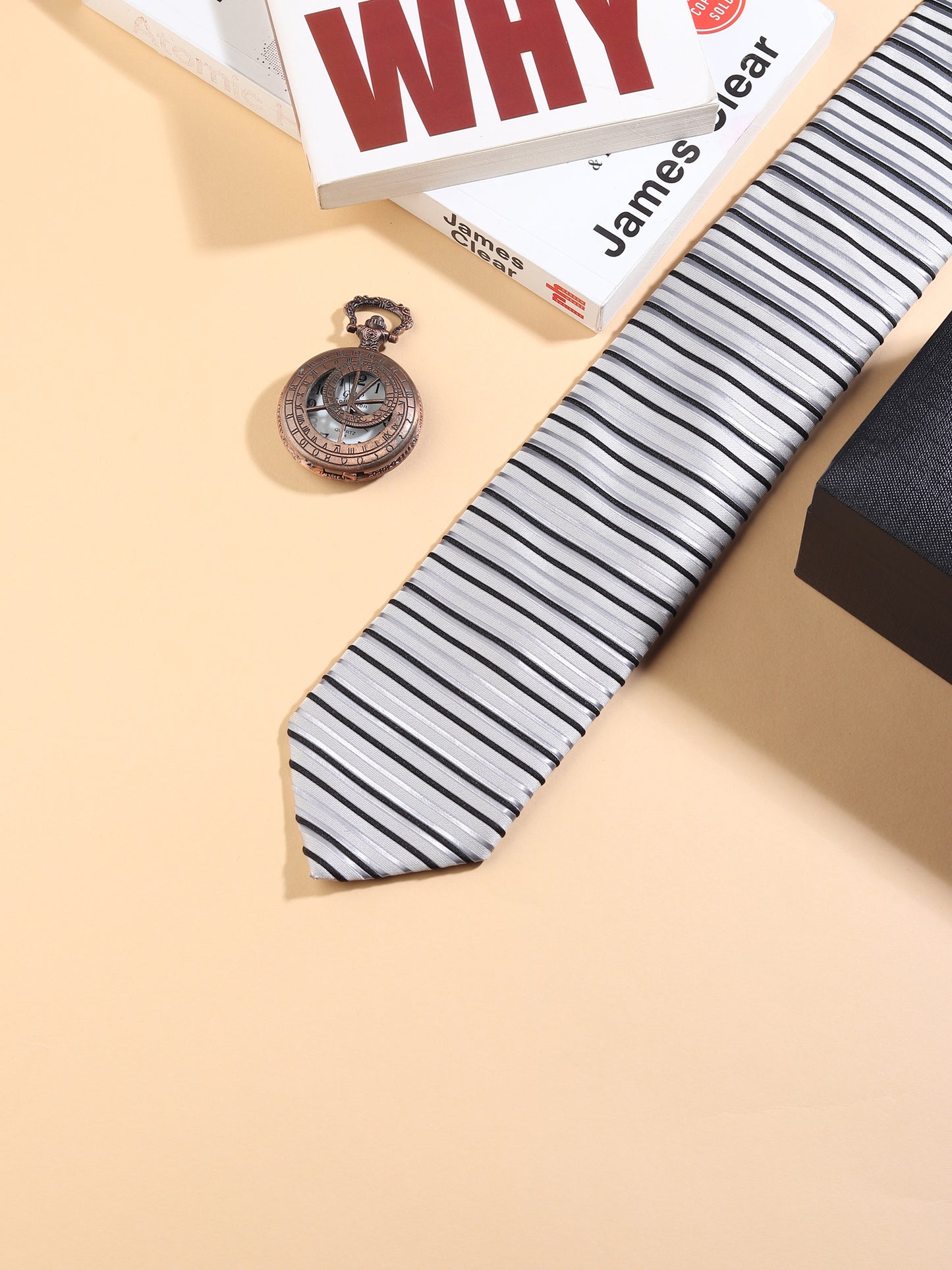 Kanthlangot Men’s Necktie – White with Black & Grey Stripes