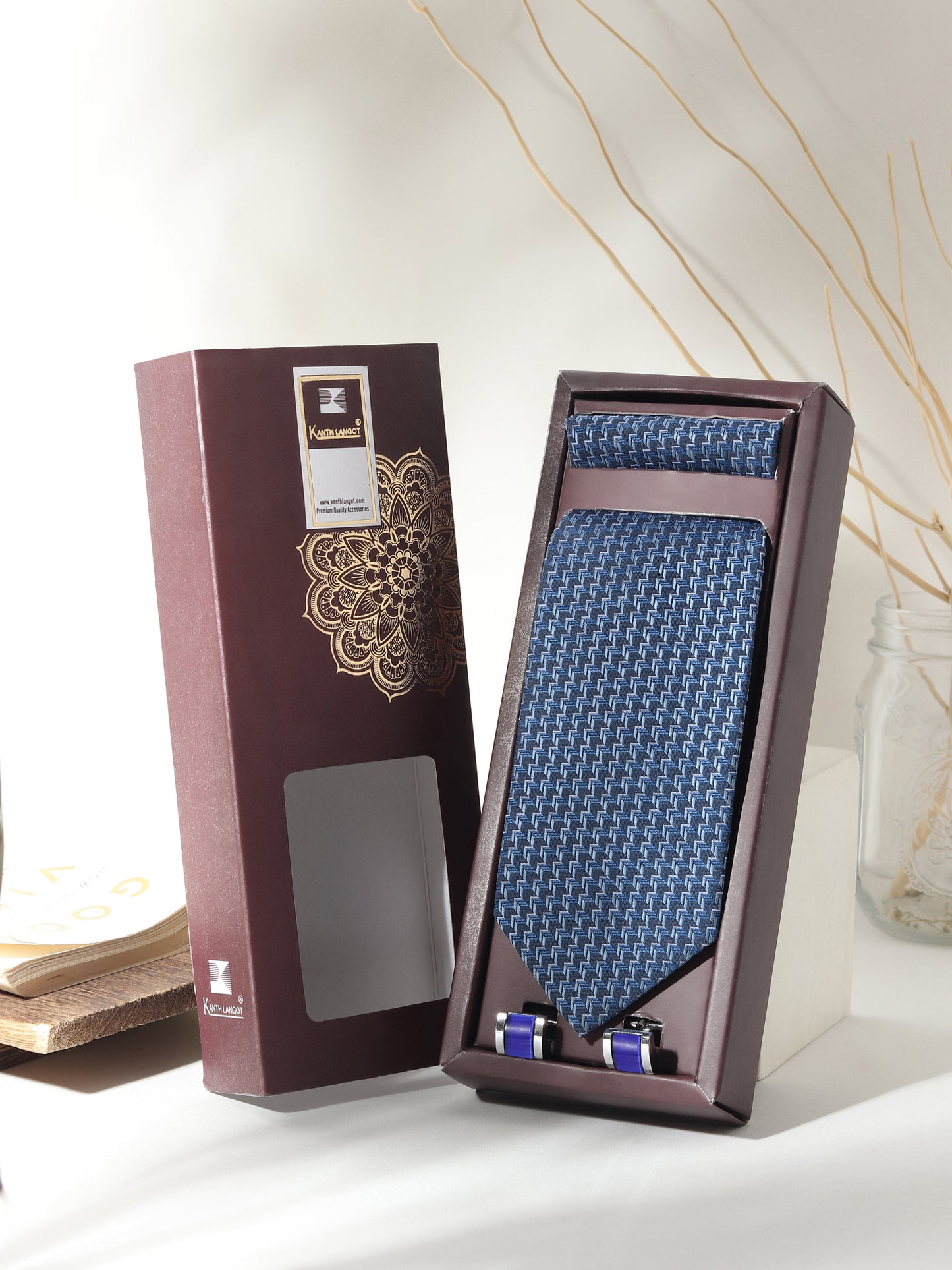 Kanthlangot Men’s 3-Piece Blue Micro Tile Tie Set with Pocket Square & Bold Violet Barrel Cufflinks (3-Inch Necktie)