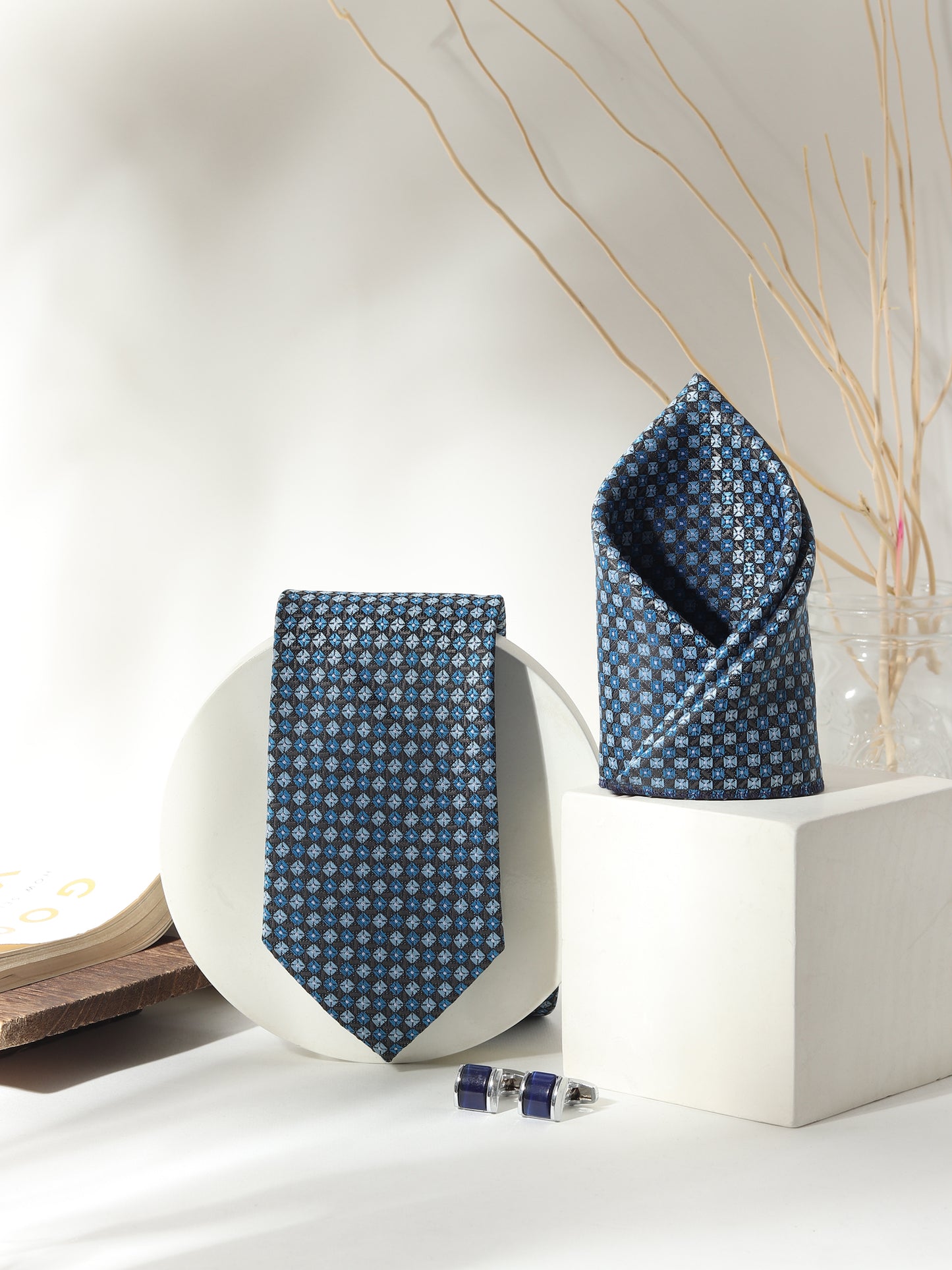 Kanthlangot Men’s 3-Piece Blue Micro-Check Tie Set with Pocket Square & Navy Curved Cufflinks (3-Inch Necktie)
