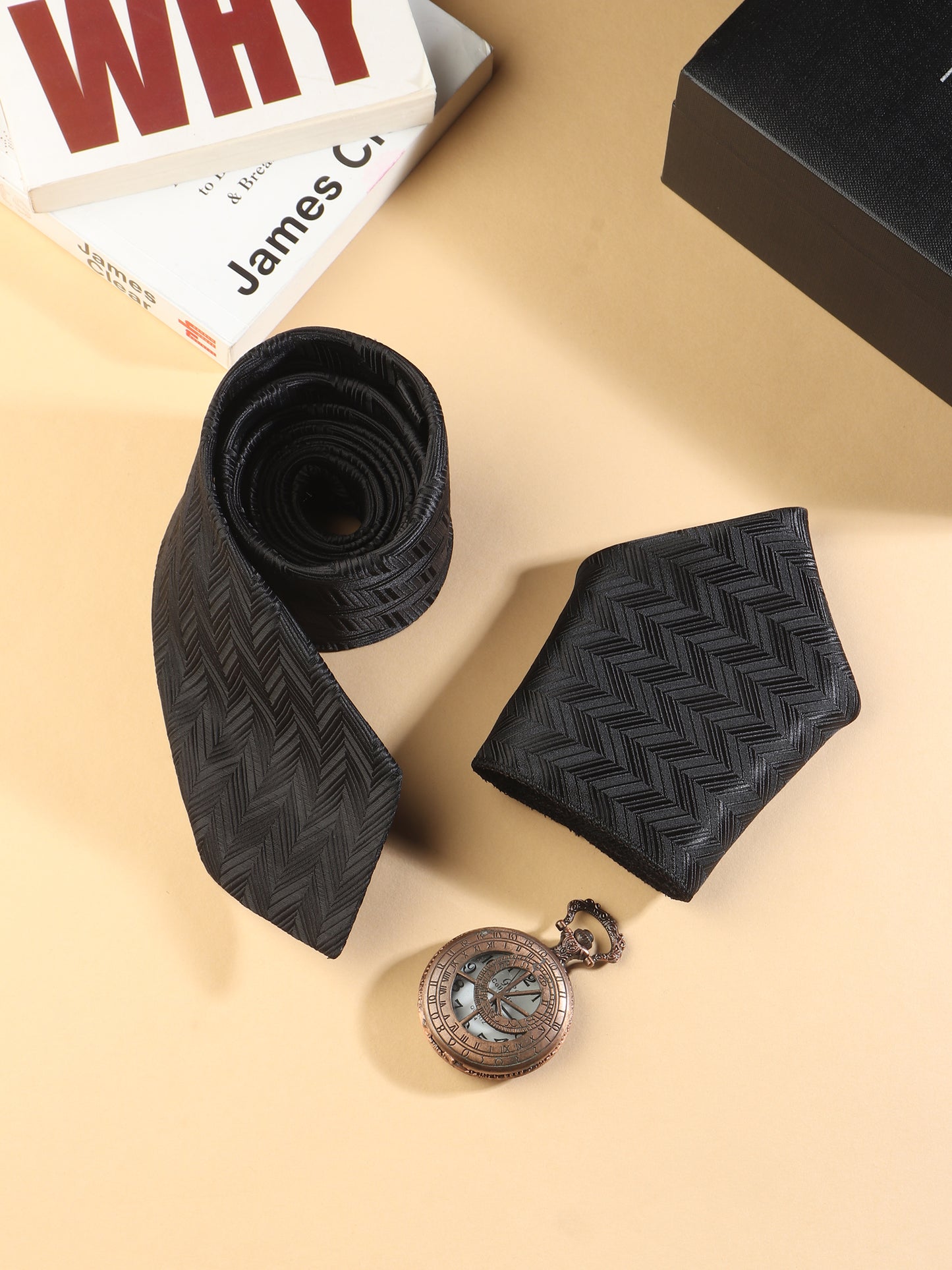 Kanthlangot Black Herringbone Necktie & Pocket Square Set