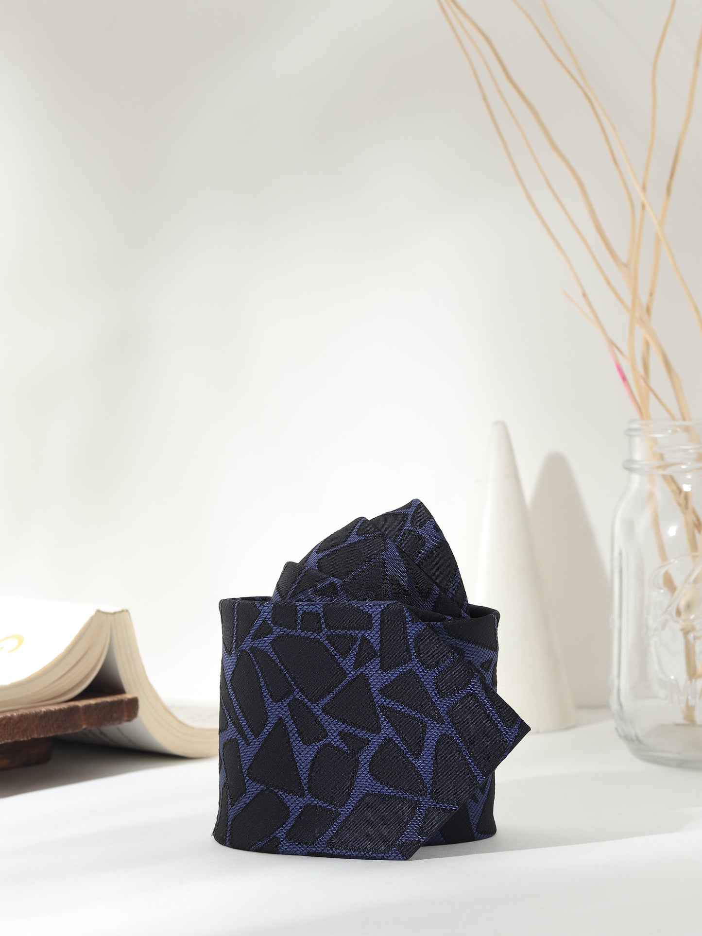 Kanthlangot Navy Geometric Tie Set with Pocket Square, Cufflinks & Royal Blue Lapel Pin