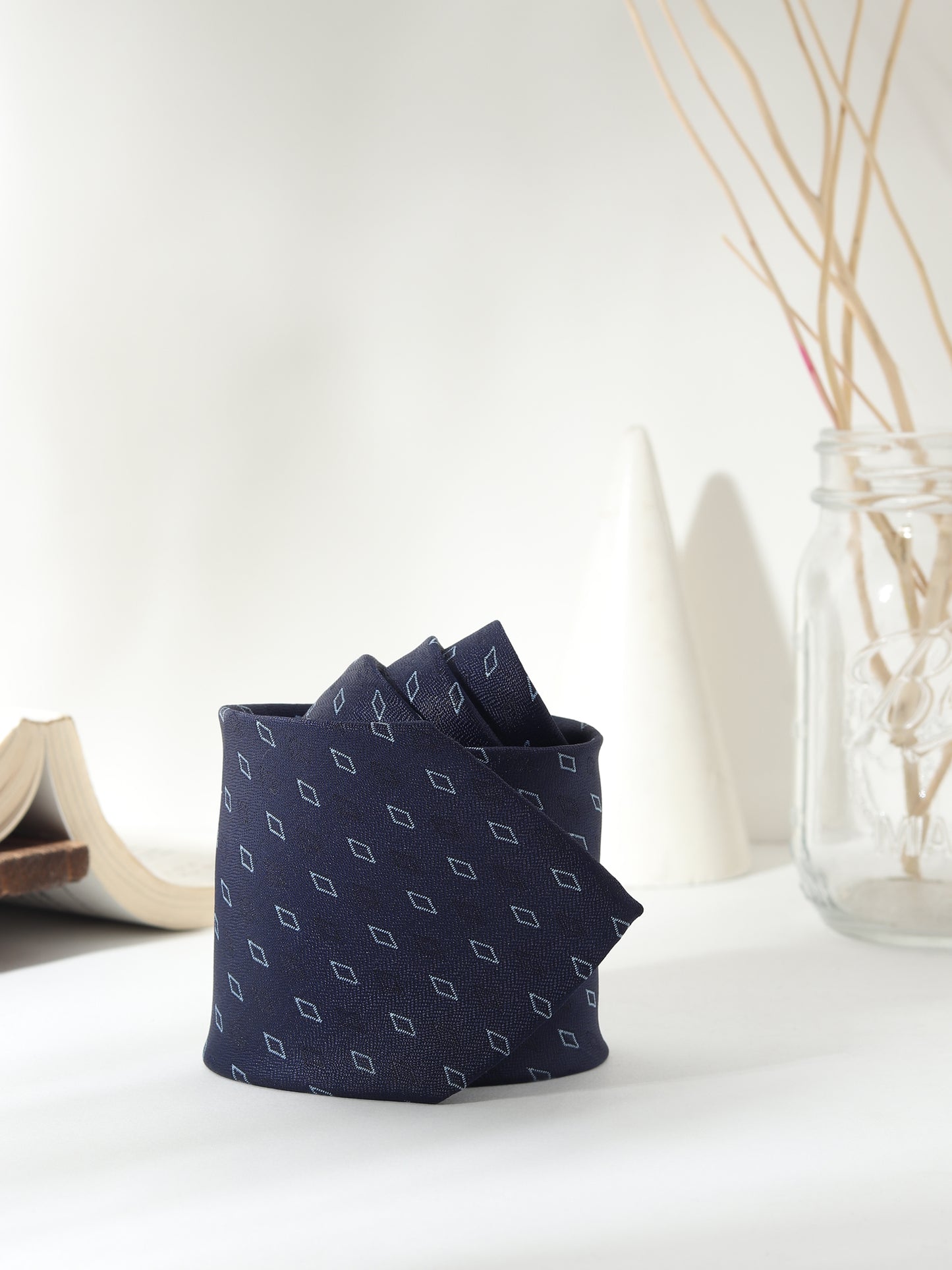 Kanthlangot Navy Diamond Motif Necktie Set with Pocket Square, Cufflinks & Lapel Pin