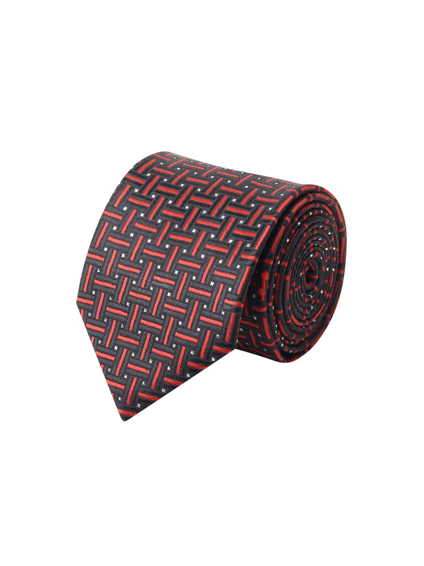 Kanthlangot Black & Red Geometric Woven Silk Necktie