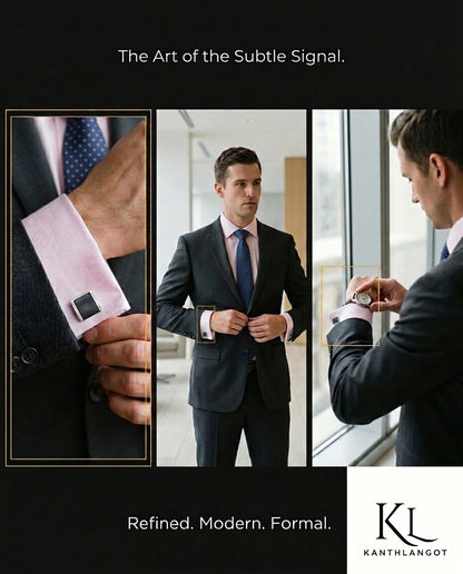 Kanthlangot Blue Necktie and Gray Thin Bezel Cufflinks