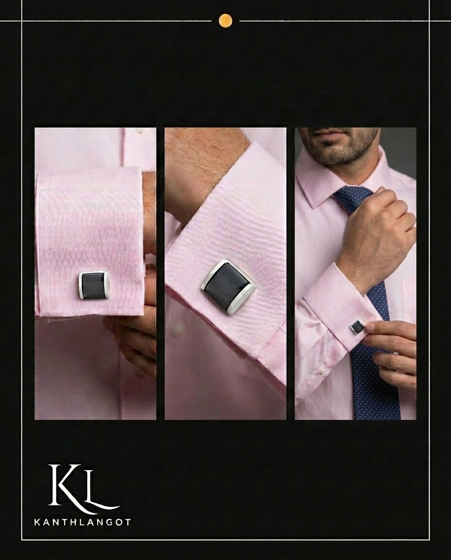 Kanthlangot Blue Necktie and Gray Thin Bezel Cufflinks