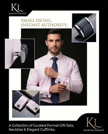 Kanthlangot Blue Necktie and Gray Thin Bezel Cufflinks