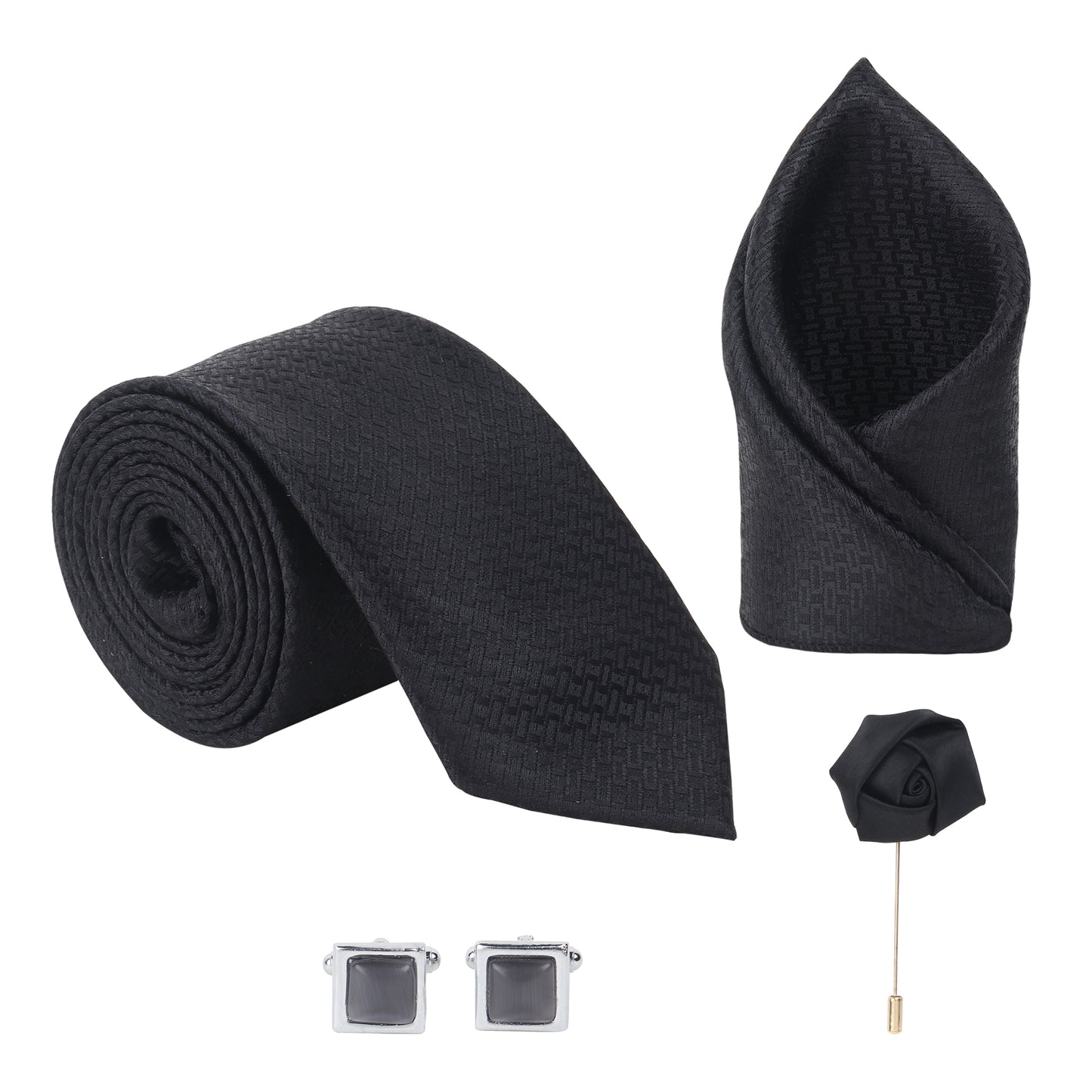 Discover Kanthlangot’s 4-piece black monogram tie set with pocket square, rose lapel pin, and crystal cufflinks—perfect for weddings, gifting, and formal wear.