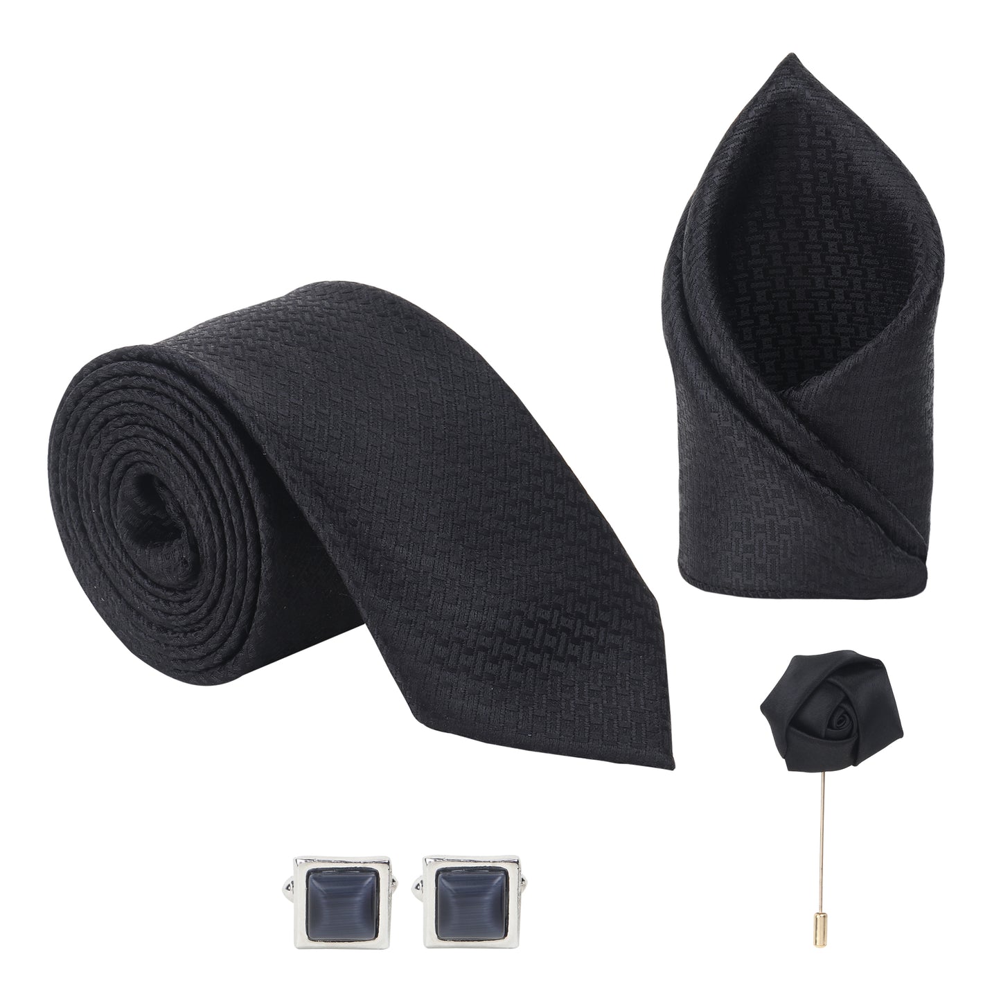 Kanthlangot Black Textured Tie, Pocket Square, Rose Lapel Pin & Midnight Blue Cufflinks Set (4-Piece Gift Box)