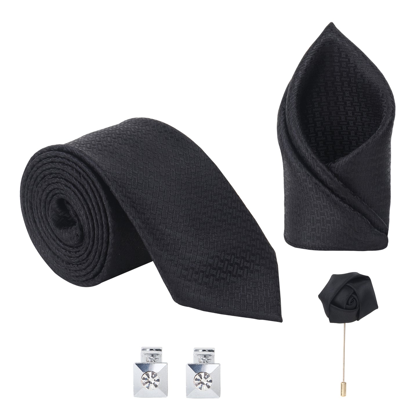 Kanthlangot Black Textured Tie, Pocket Square, Rose Lapel Pin & Crystal Cufflinks Set (4-Piece Gift Box)