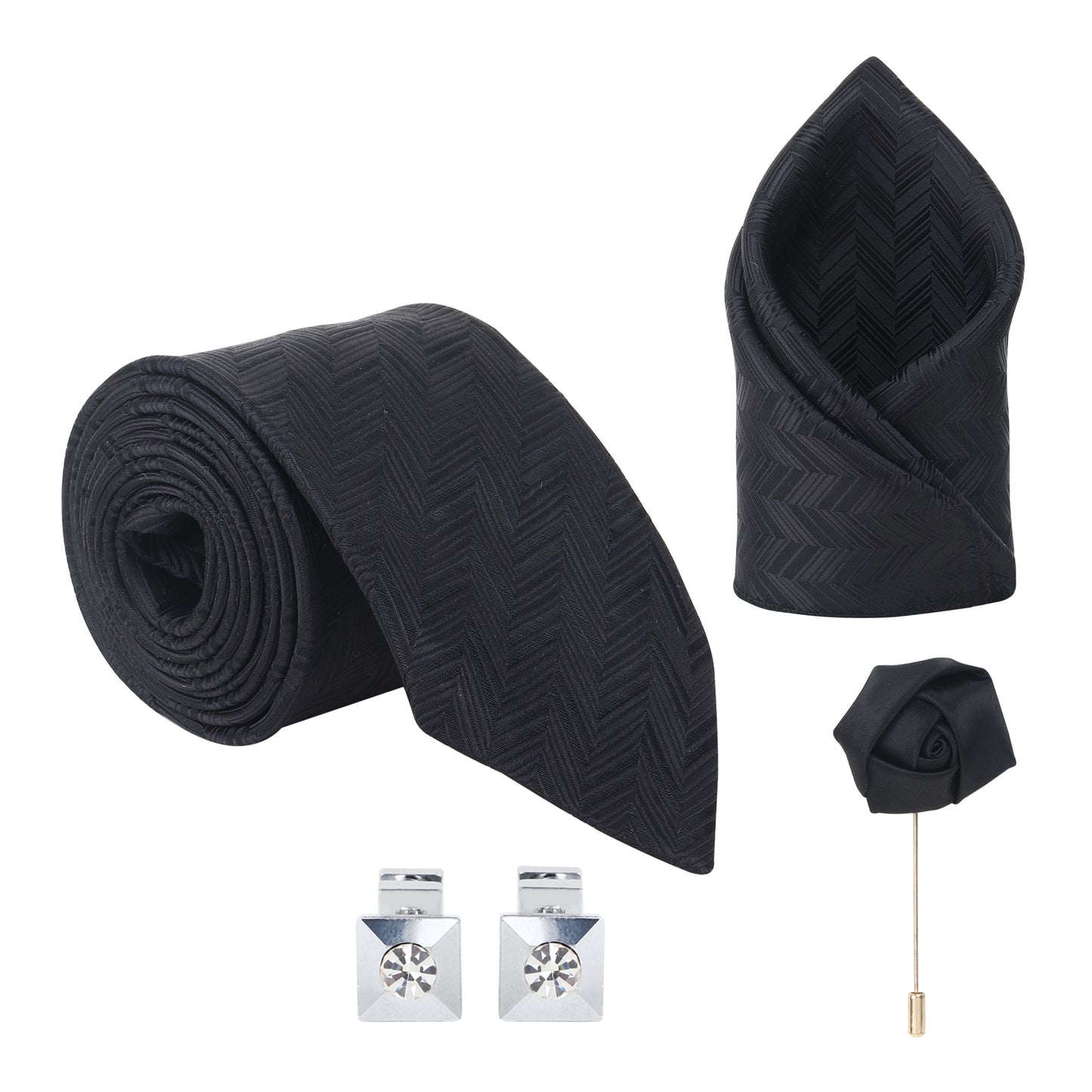 Kanthlangot Men’s Set of 4: Black Chevron Tie, Pocket Square, Crystal Cufflinks & Lapel Pin in Premium Gift Box