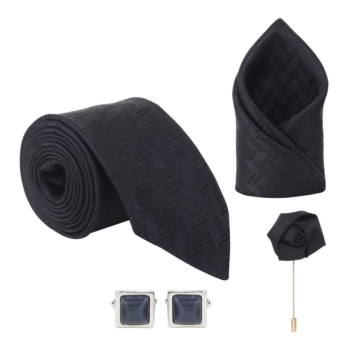 Kanthlangot Set of 4 for Men: Black Chevron Tie, Pocket Square, Onyx Cufflinks & Lapel Pin in Premium Gift Box