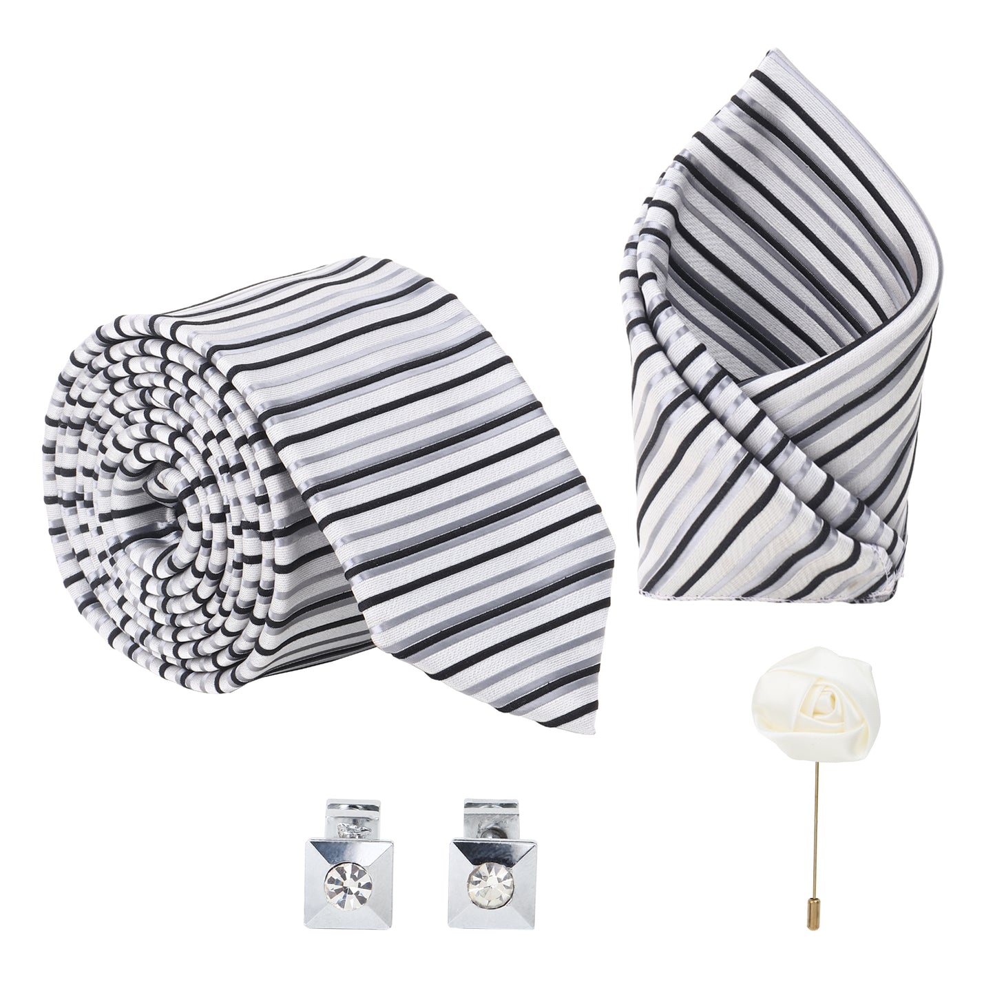 Kanthlangot Set of 4: White-Grey Striped Tie, Pocket Square, Crystal Cufflinks & White Lapel Pin in Gift Box