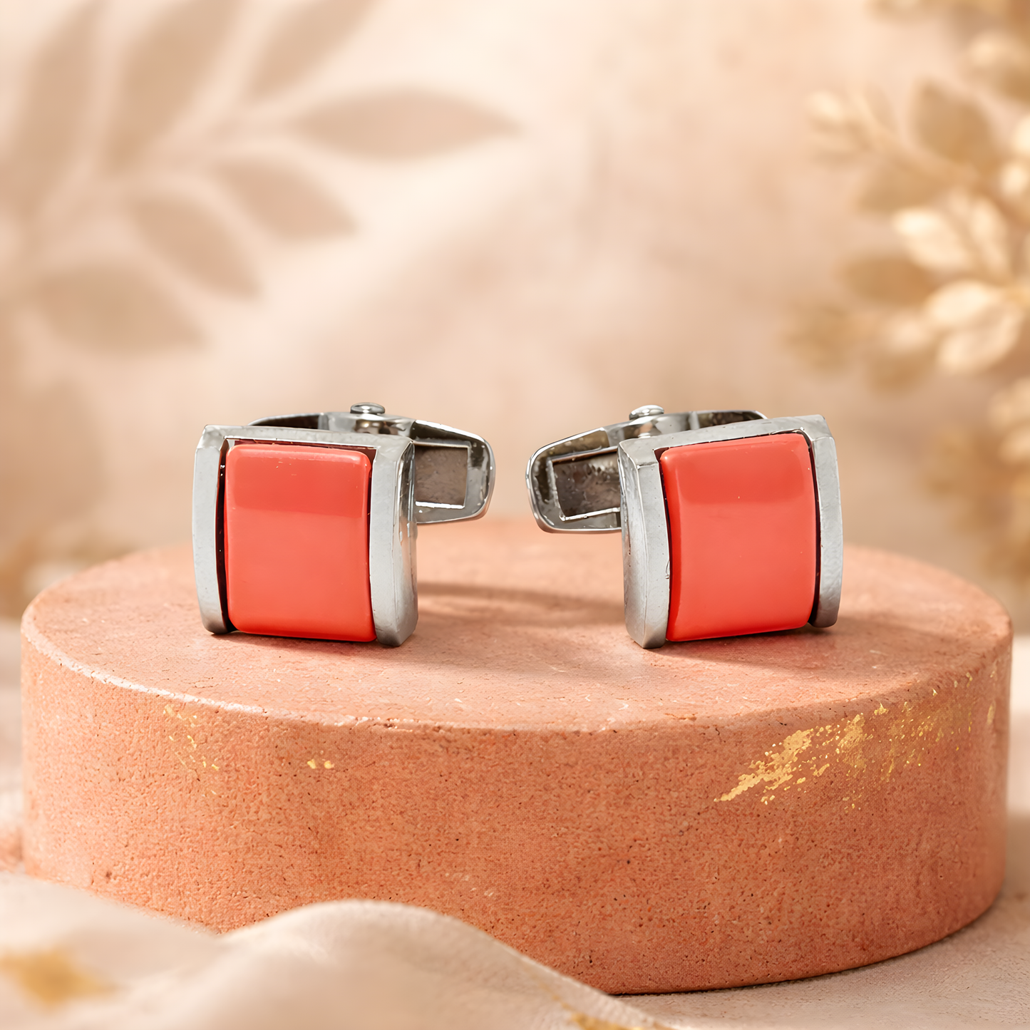 Kanthlangot Mens Thin Bezel Orange Cufflinks