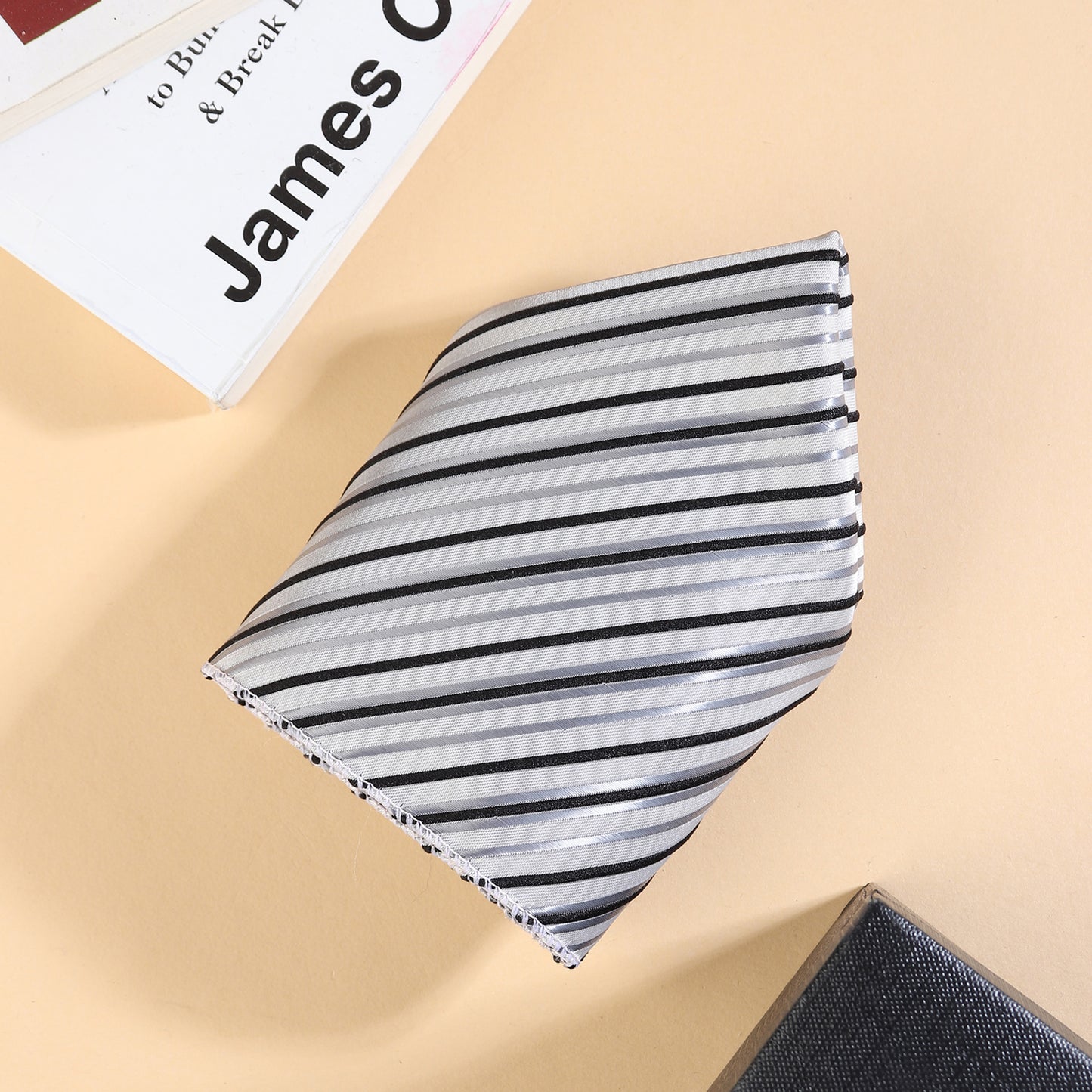 Kanthlangot Men’s 3-Piece Formal Set – Striped White, Grey & Black Tie, Pocket Square & Silver Cufflinks (3-Inch Necktie)