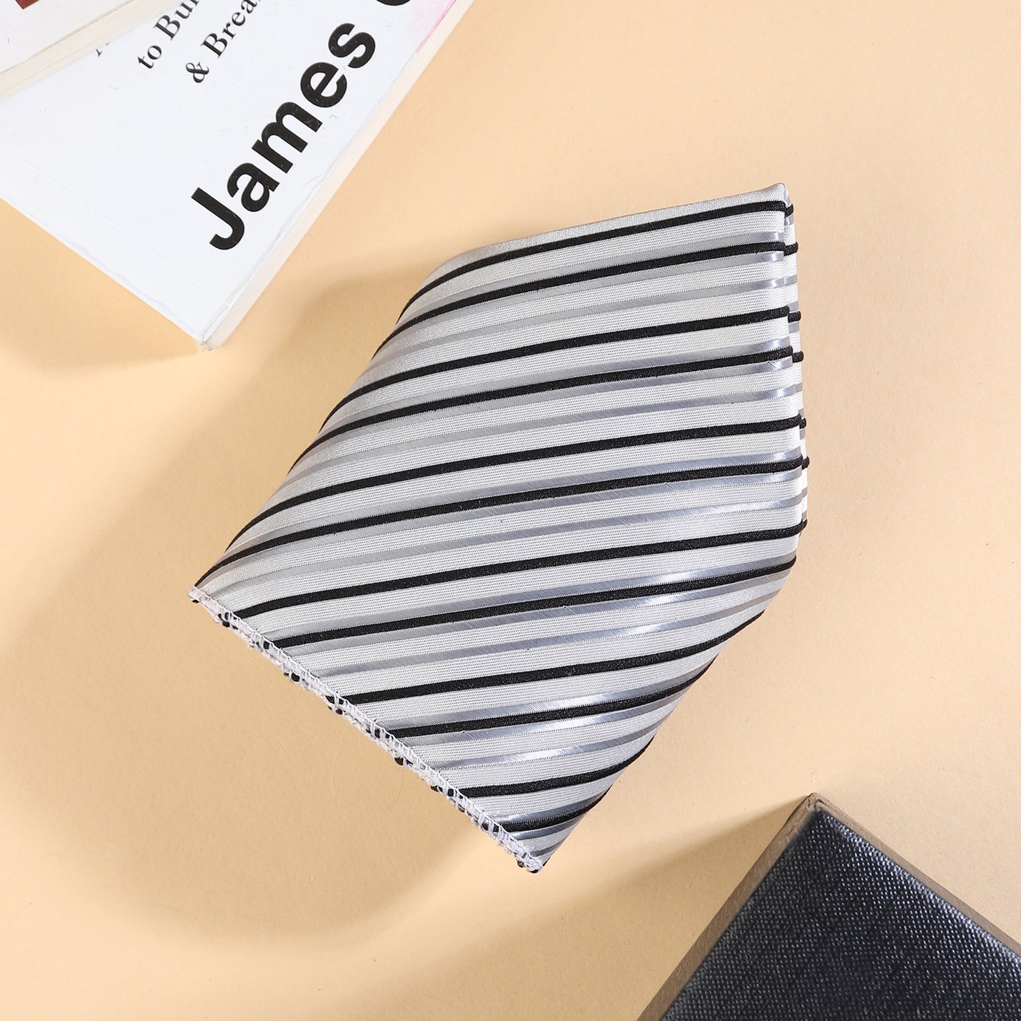 Kanthlangot Men’s 3-Piece Formal Set – Striped Tie, Pocket Square & Black Stone Cufflinks (3-Inch Necktie)